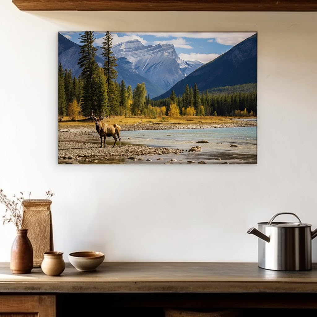 Canvas for Living room. Majestic Elk in Autumn Serenity: Nature's Harmony Captured by River and Mountain Splendor, 27 x 18 inch Canvas Wall Art - Contemporary Masterpieces - Modern Home Decor