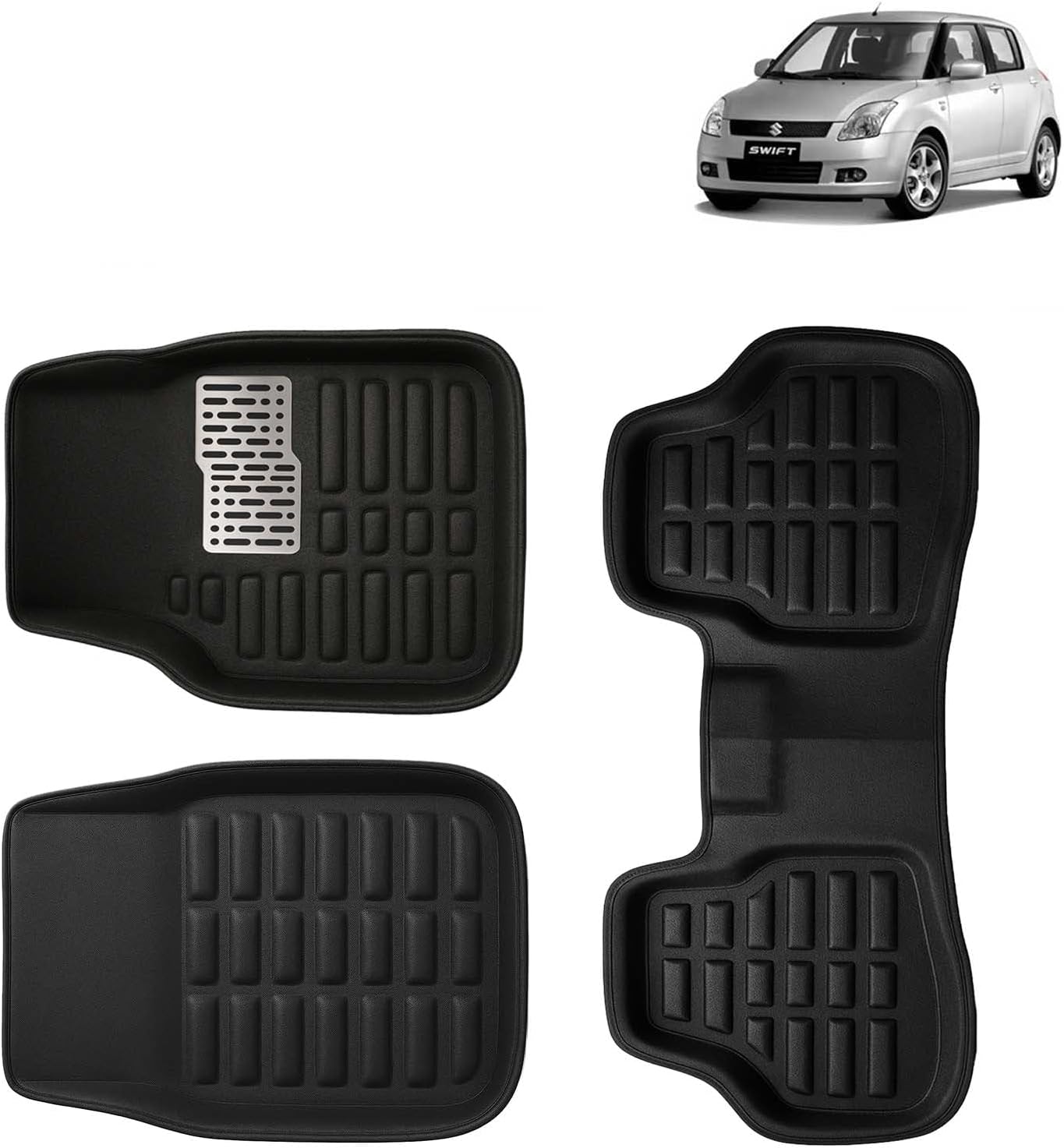 KINGSWAY Accessories Premium 3D Car Floor Mats Only Compatible with Maruti Suzuki Swift Year 2005 to 2010 All Model, Set of 3, 100% Waterproof Tray Shape PVC 3D Car Foot Mats Anti-Slip Car Mat, Black