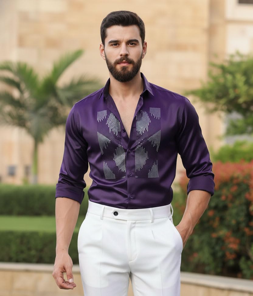 Image of IndoPrimo Men's Satin Shirt for Party, Formal and Casual Wear - Stylish and Trendy Designer Full Sleeve Shirt for Men