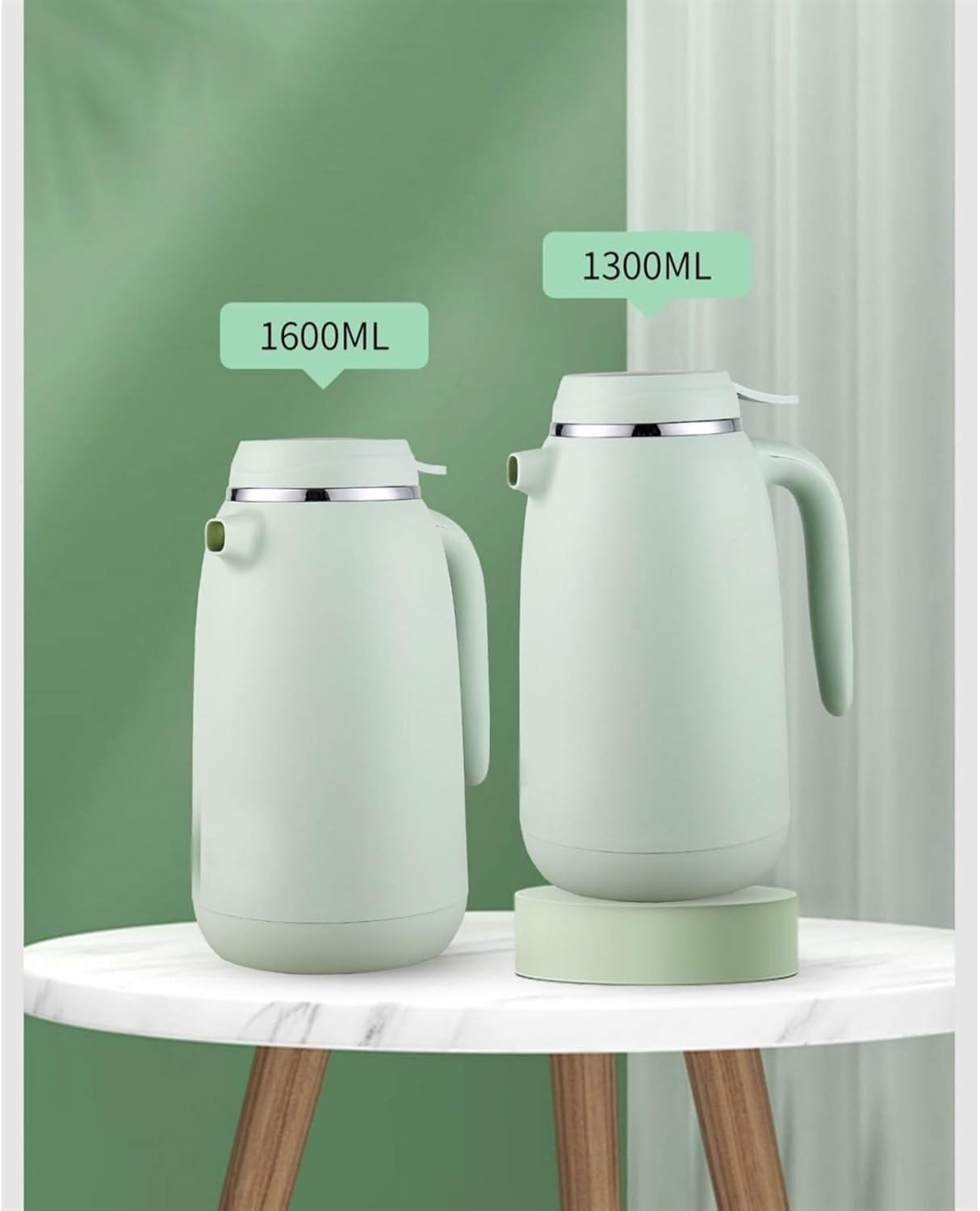 Teiera isolata, thermos, teiera, caraffa termica for caffè, caraffa da 1,3 l/1,6 l, grande capacità, pentola interna in vetro for uso domestico, pentola isolante multifunzionale(Green,1.6L)