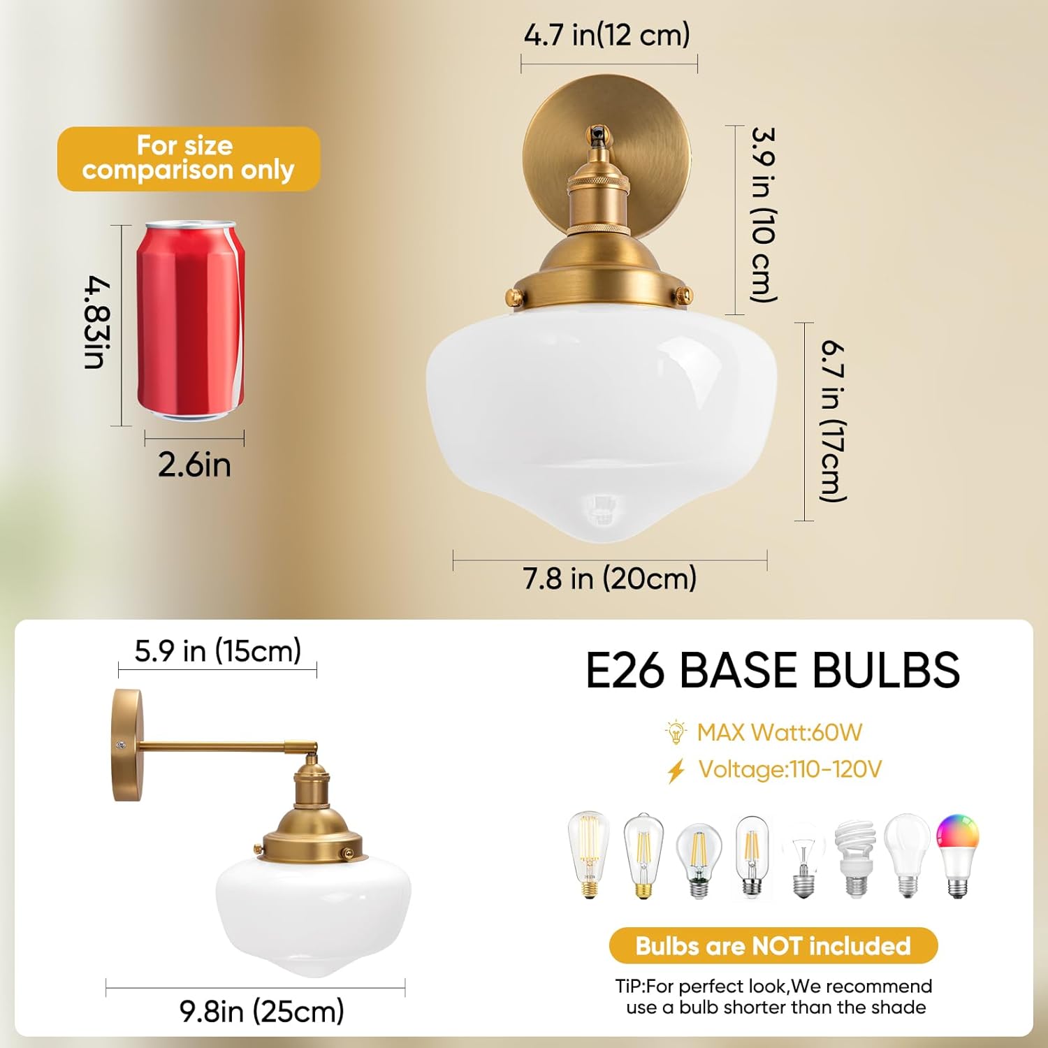 Vintage Wall Sconce, Bathroom Vanity Light with Milky White Glass Shade and Matte Brass Finish Bathroom Light Fixture, Wall Lamps for Living Room