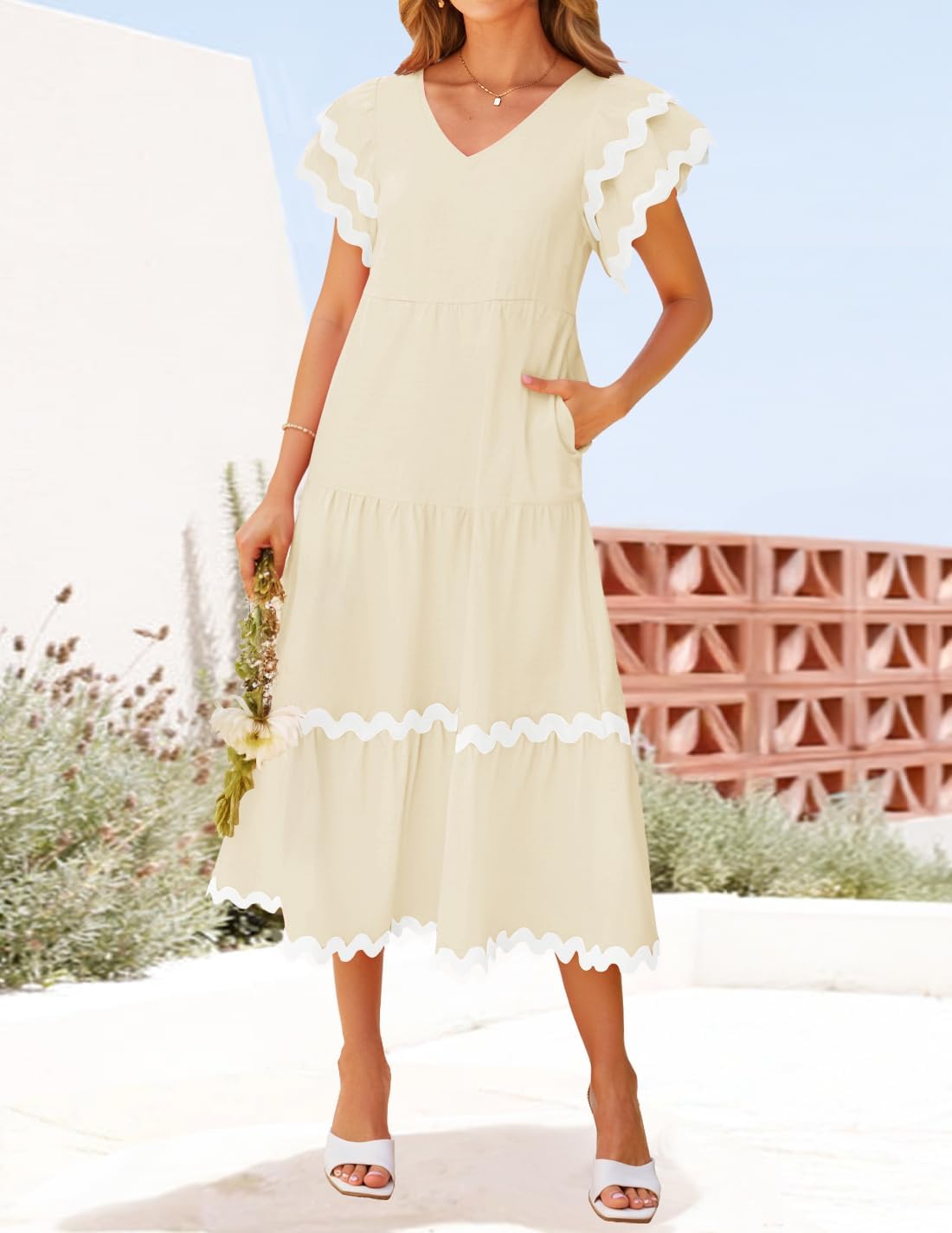 ZESICA Womens 2026 Summer Casual Midi Dresses V Neck Flutter Short Sleeve Ruffle Tiered A Line Flowy Beach Long Dress - Image 7