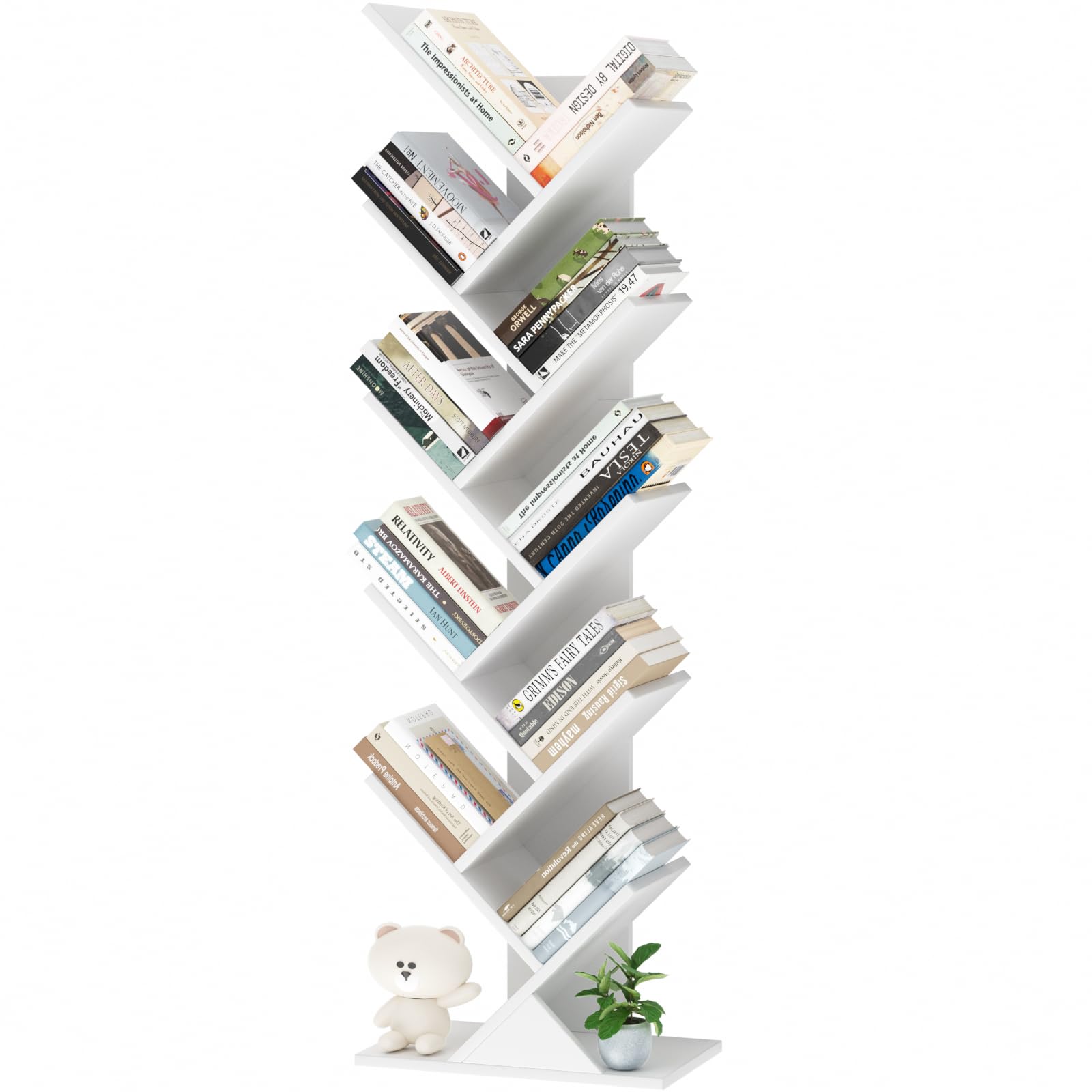 LELELINKY libreria ad albero, scaffale verticale a 10 livelli per libri/CD/riviste, libreria DVD in legno, per soggiorno, camera da letto e ufficio, bianco