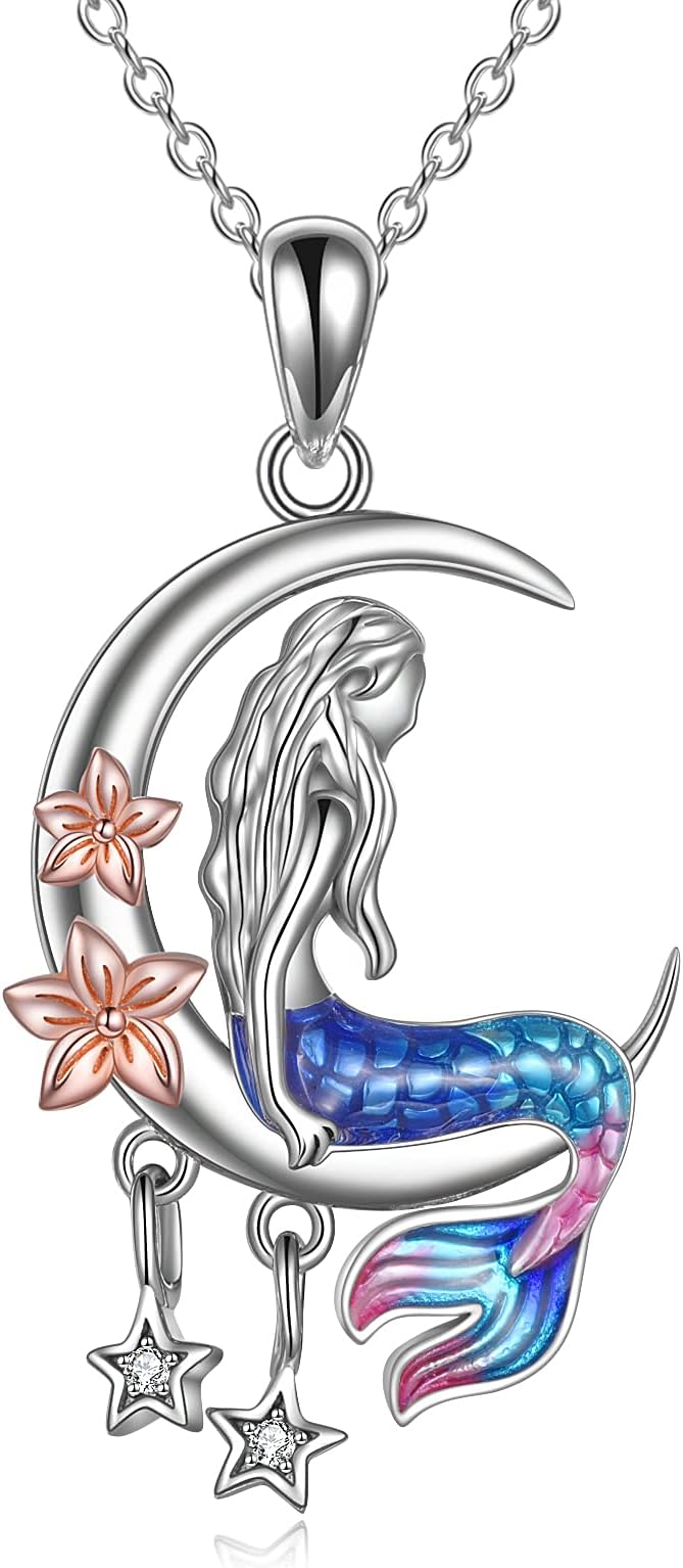 Mermaid Necklace Sterling Silver Sea Mermaid Crescent Moon and Star Necklace with Flower Pendant Birthday Gifts Jewellery for Girls Daughter Women