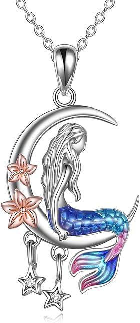 YAFEINI Mermaid Necklace Sterling Silver Sea Mermaid Crescent Moon and Star Necklace with Flower Pendant Birthday Gifts Jewellery for Girls Daughter Women