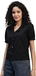 Shirt for Women Printed Casual V-Neck Button Down Short Sleeve Blouse Crop Top, Stylish Collared, Formal, Trendy Price In India