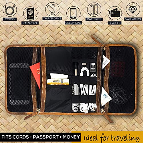 Leather Desk Organizer For Cables, Small Electronics, Mesh Zippered Pockets For Usb Drive, Phone, Battery, Sd Card, Sim Card, Passport Holder #TOP3