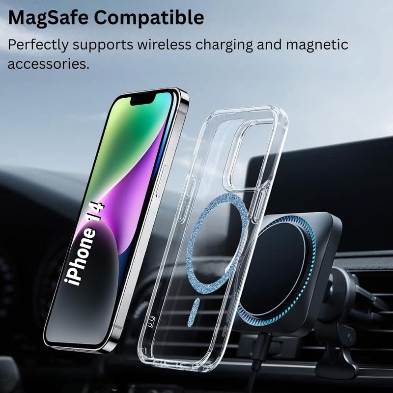 Image of AIBEX Back Cover Case Compatible with iPhone 14 | Glitter Ring Cute Shiny Colorful Bling Case (Compatible with Magsafe) | Transparent PC+TPU Glossy Shiny Cover for Girls & Women - Blue