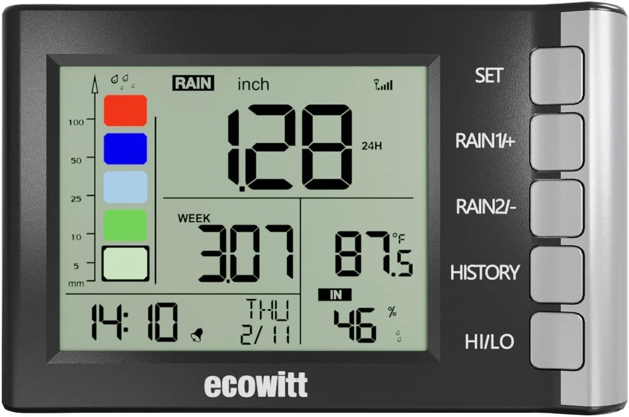 ECOWITT WH5370 Wireless Rain Gauge, Includes WN20 Tipping-Bucket Collector Sensor and WH5370_C Display Console, for Rainfall History, Alerts, Indoor Temperature & Humidity, and Date&Time, 915 MHz
