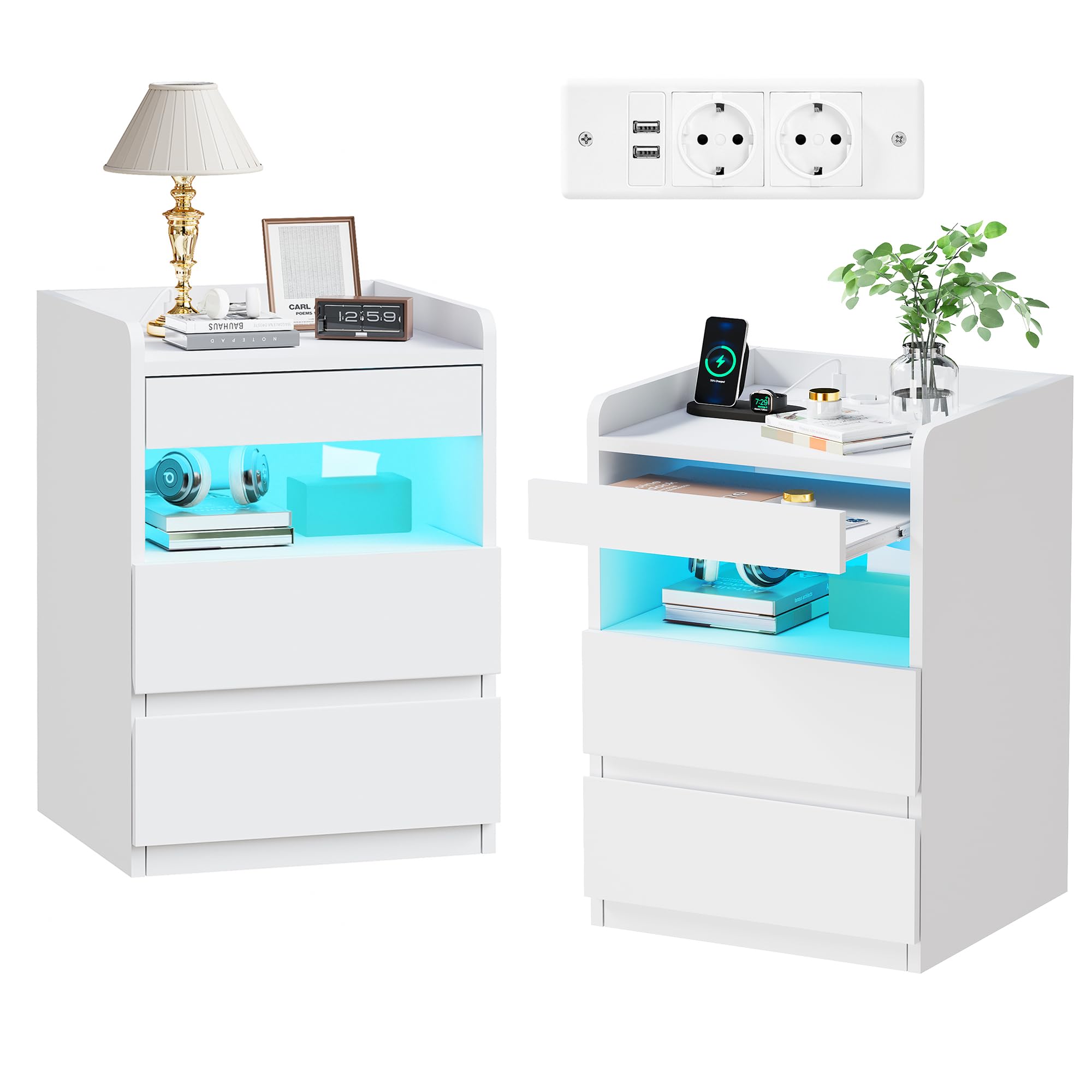 BEWISHOME Juego de 2 Mesitas de Noche,con Compartimento Oculto,con Luces LED y Estación de Carga Mesas Auxiliares(2 Tomas AC 2 Puertos USB),para Salón,Dormitorio (Blanco) EFCG02W