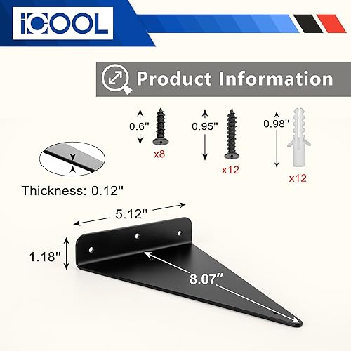 Miniatura 2 de ICOOL Soporte de estante triangular, paquete de 4 soportes de pared ocultos resistentes de 8 pulgadas, soporte de estante de metal flotante para