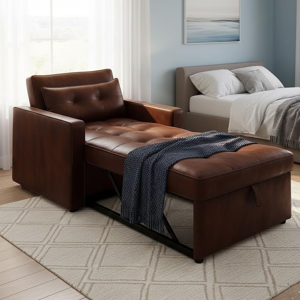 FURNY Tressa 1 Seater Leatherette Pull-Out Sofa Cum Bed Set (Dark Brown) Premium Finish | Comfortable & Durable | Ideal for Living Room