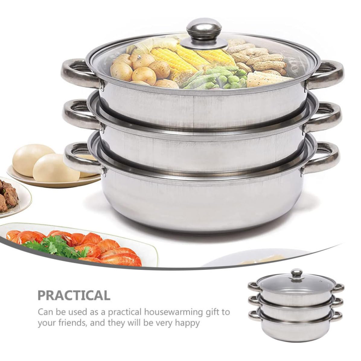 Ciieeo Vaporera Inoxidable de 3 Niveles de Acero Inoxidable Diseño Multi-capa y Tapa de Vidrio para Cocinar Verduras, Mariscos y Carnes al Vapor