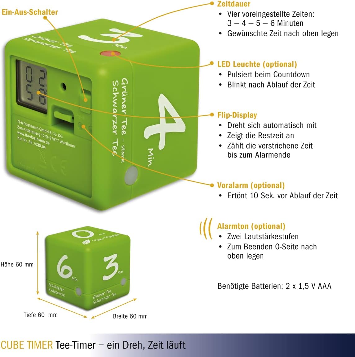 TFA Dostmann Digital Tea Timer, Green, L 60 x B 60 x H 60 mm