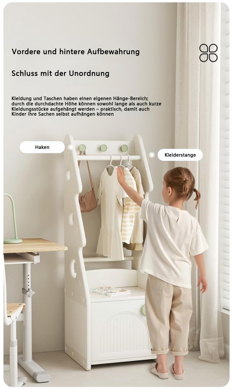 habeig Kinder Garderobenständer mit Kommode, 129 cm Höhe, Weiß, Kleiderständer mit Ablage und Bücherregal, abgerundete Kanten #4210