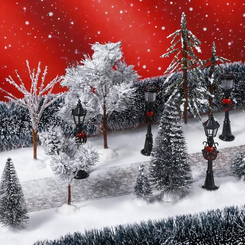 Hotop 18pc Christmas Village Accessories 47.2 Inch Village Roads Mini Snowy Trees Streets Light Lamppost Hedge Figurines Set for Display Winter Holiday Decorations DIY Crafts No Batteries(Trendy)