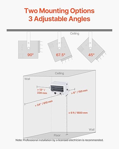 Miniatura 5 de VEVOR Calentador eléctrico de garaje, 5000 vatios (25005000 W), calentador de taller montado en el techo, 2 ajustes, protección contra