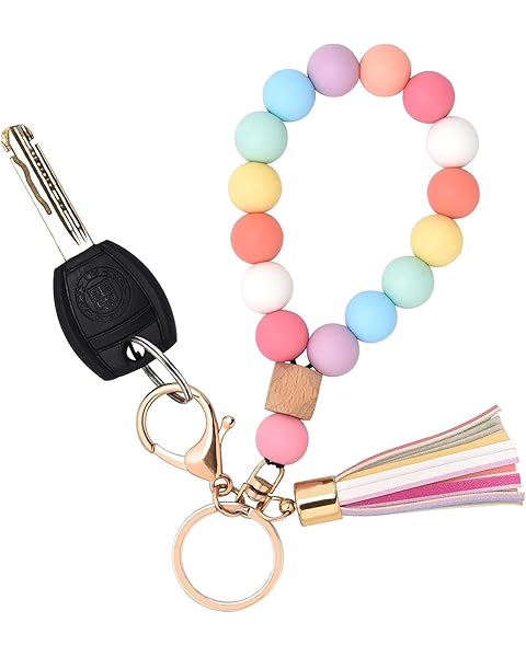BAOSIWA Silicone Key Ring Bracelet Wristlet Keychain Unique Beaded Bangle Key Chains for Women with Leather Tassel