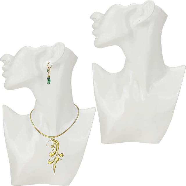 BELLE VOUS 2 Pack White Resin Necklace Display Bust - 19.3 x 27.3cm/7.6 x 10.75 inches - Jewellery Holder Mannequin Stand Organiser for Earrings, Hanging Chokers, Pendants, Chains & Necklaces