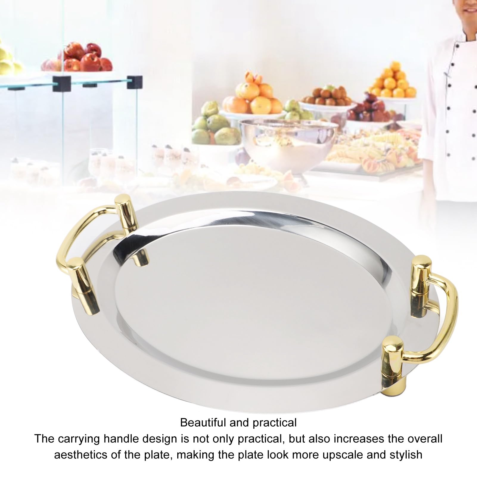 Aramox Plato de Acero Inoxidable, Bandeja para Servir de Acero Inoxidable 304 con Asa, Plato de Cena con Acabado de Espejo, Fácil de Transportar, Fácil de Limpiar, para Servir Banquetes en (#3)