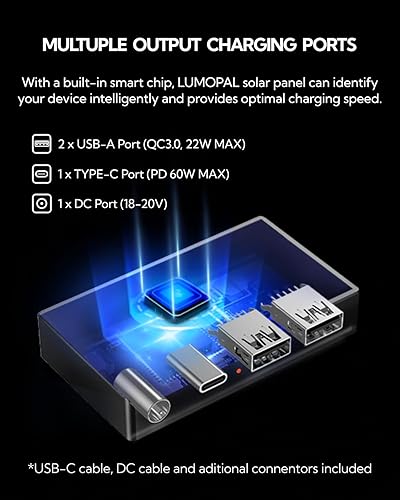 Miniatura 3 de LUMOPAL - Panel solar portátil, 60 W, paneles solares plegables, cargador solar plegable con PD60W USB-C 5V USB-A QC3.0 DC18-20V, IP65 impermeable