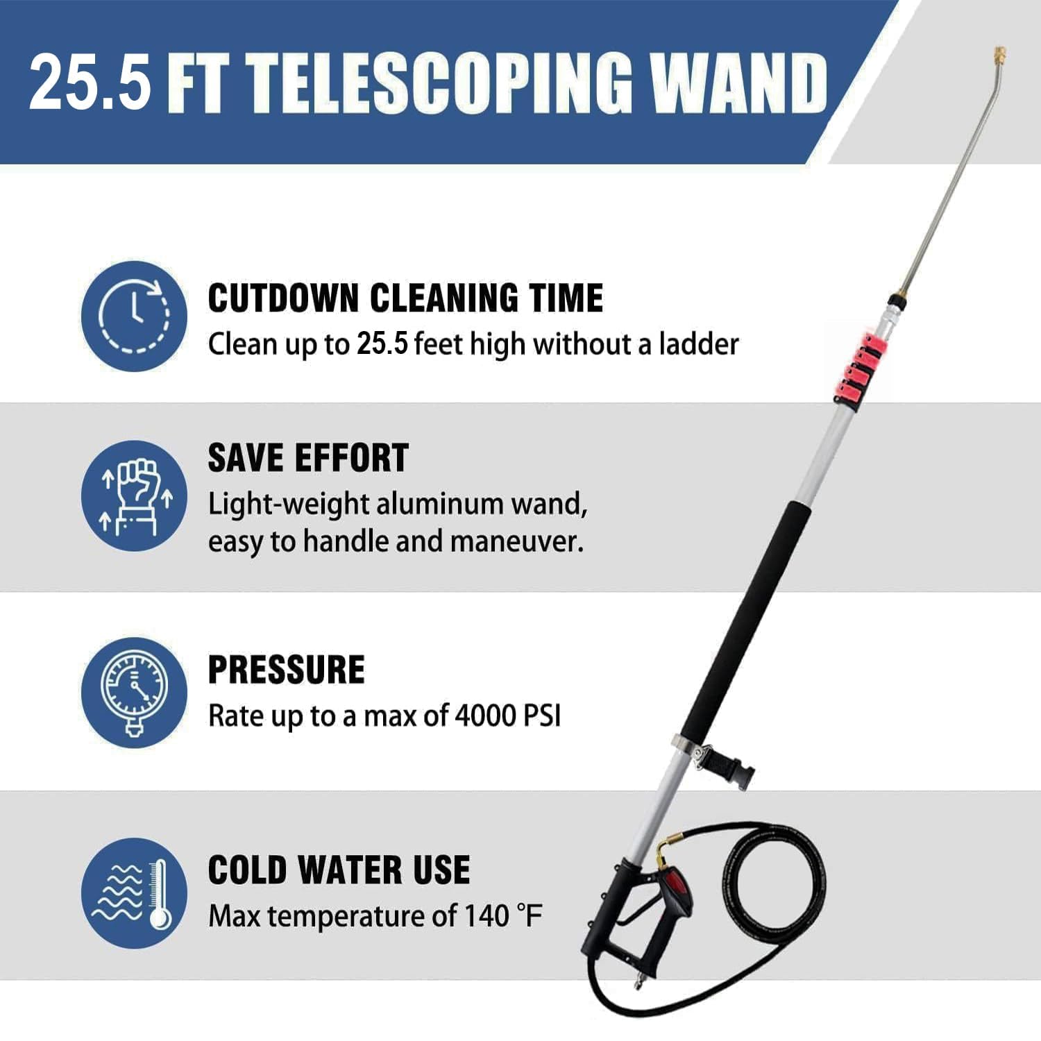 Gresonic Bacchetta telescopica ad alta pressione, 7,3 m, set di 7 punte per ugelli a spruzzo, 2 adattatori per tubi e cinghia di supporto per grondaie, sottoguanti, pareti (24)