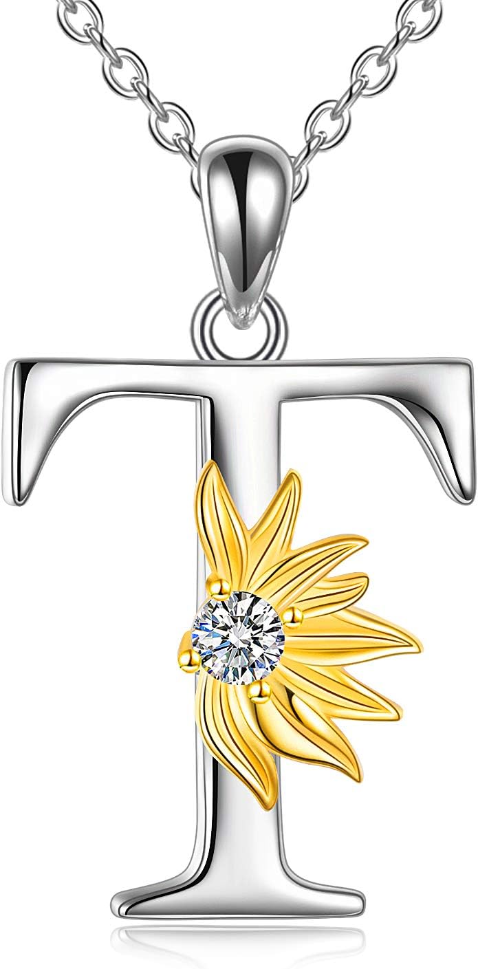 POPLYKE Initial Sunflower Necklace for Women 925 Sterling Sliver Sunflower Pendant Necklace Letter Initial Pendant Chain