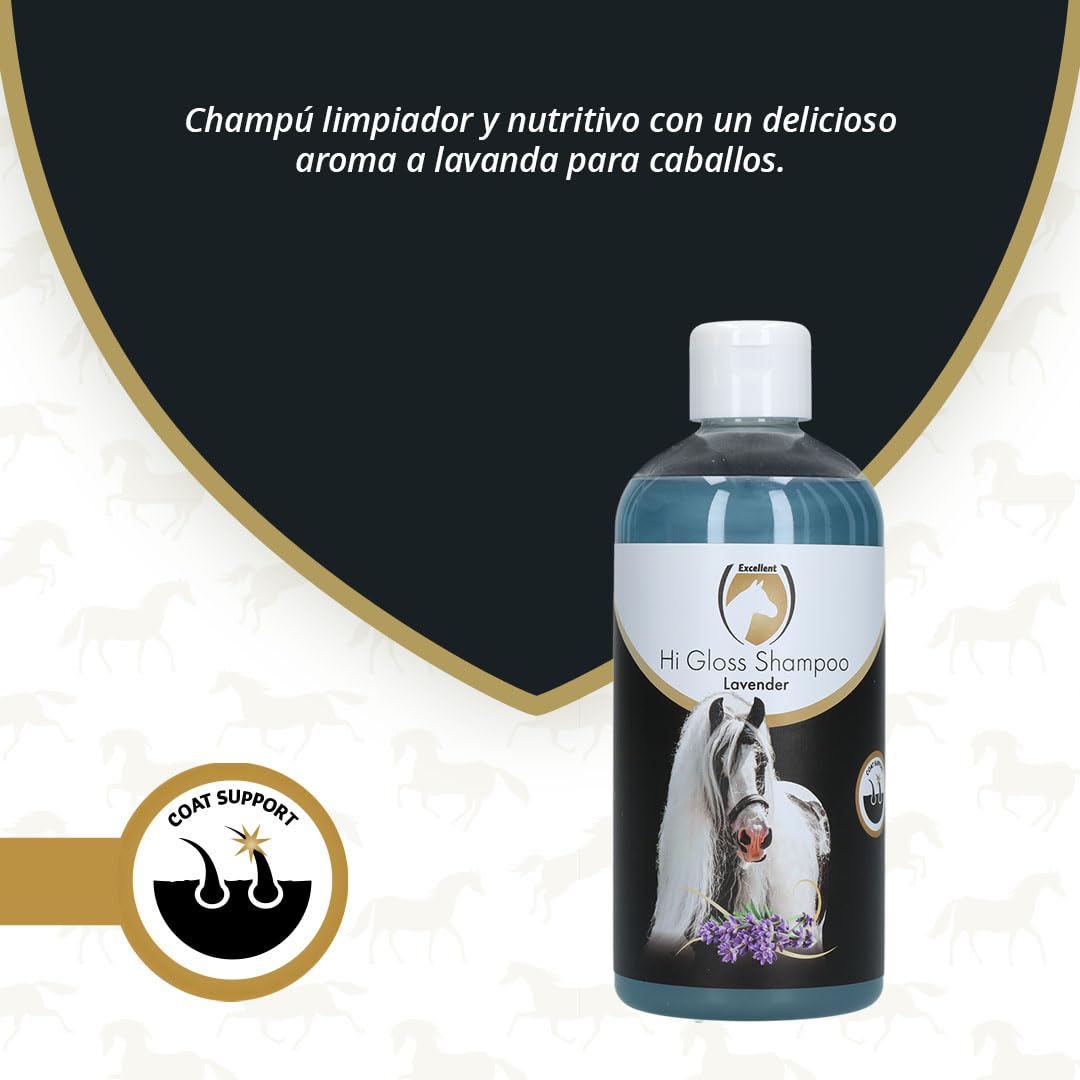 Excellent Hi Gloss Shampoo - 500 ml - Caballo - Champú Limpiador y nutritivo - con acondicionador - para Cola y Crin - Lavanda