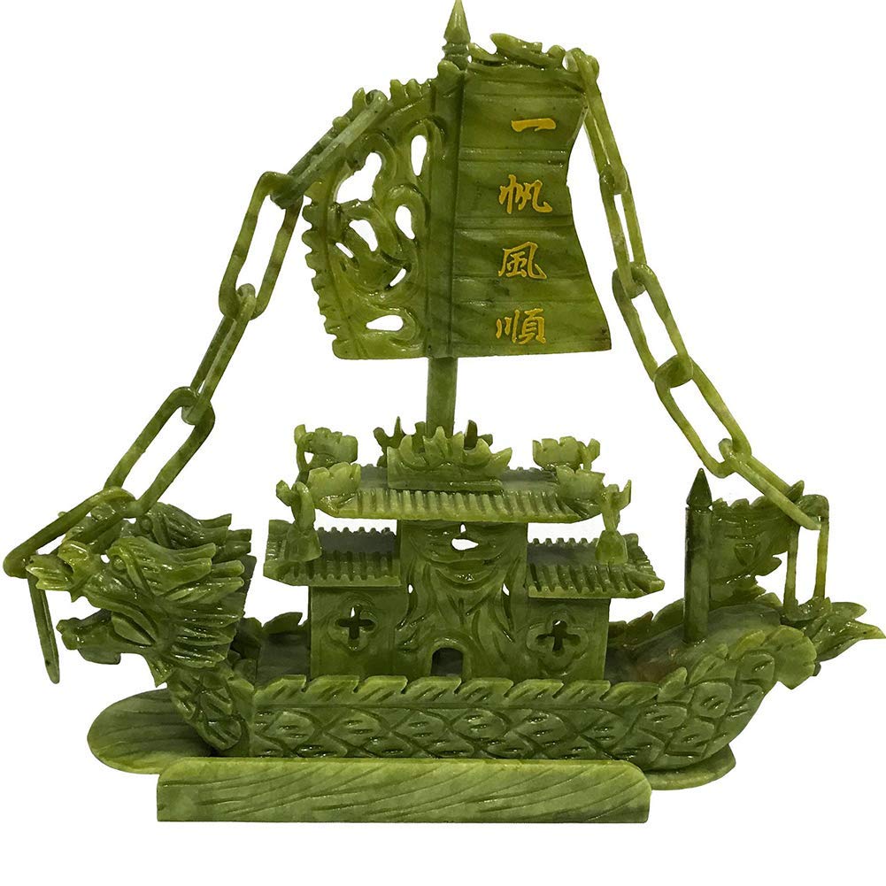 Sculpture de Bateau Dragon en Jade Vert Ornement Feng Shui de Prestige