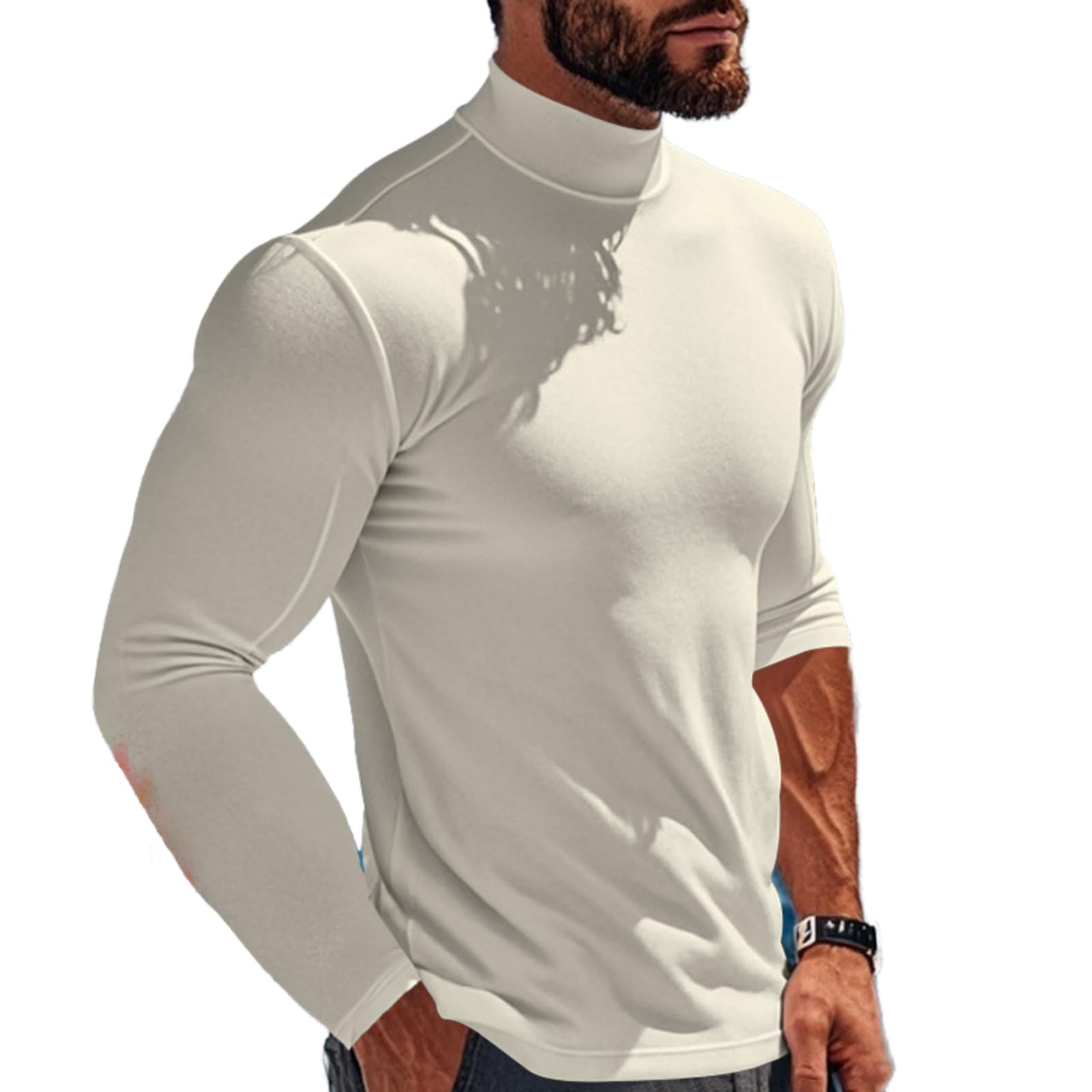 Men's Mock Turtleneck Long Sleeve Shirts Basic Thermal Turtle Neck Undershirt Solid Lightweight Pullover Tops White