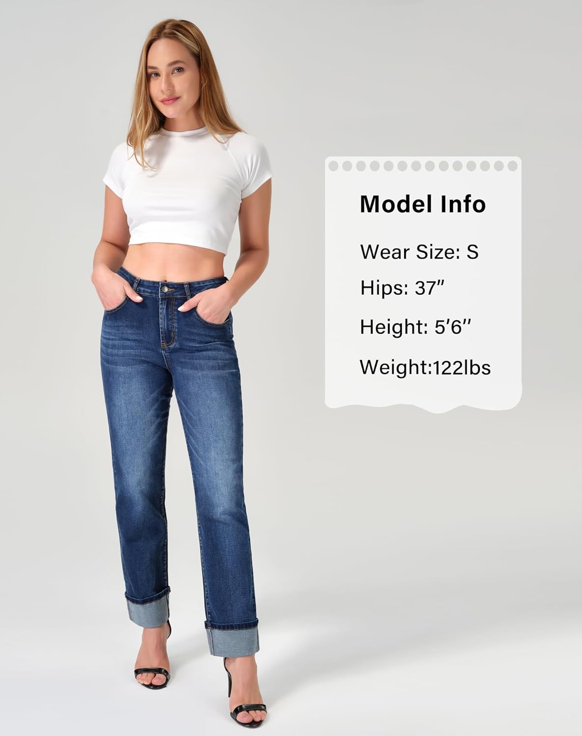 roswear Women’s Straight Leg Jeans High Waisted Boyfriend Stretchy Cuffed Denim Pants - Image 4