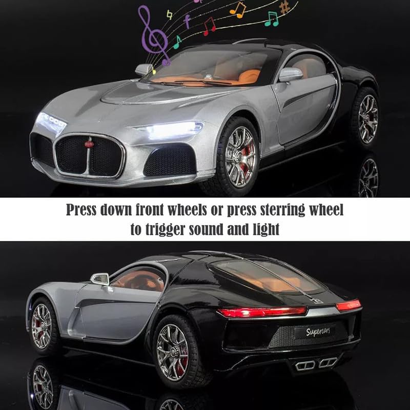 Image of Kids Model 1:24 Bugatti Atlantic Die Cast Metal Car Pull Back Action Opening Doors with Realistic Engine Sound Lights Toy Car Gift for Boys - Silver Black