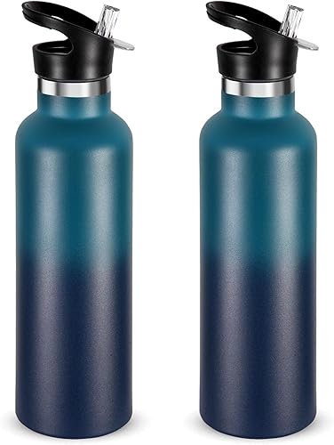 Miniatura 14 de Neihepal Botellas de agua de acero inoxidable plateadas, botella de viaje de doble pared aislada al vacío de 24 onzas con tapa de popote a prueba de