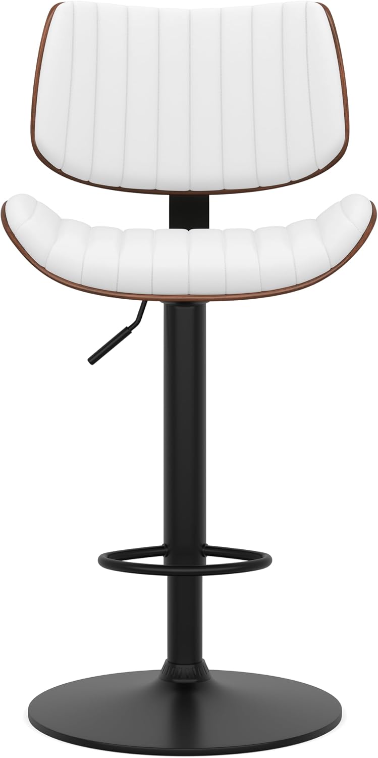SIMPLIHOME Novak Adjustable Swivel Bar Stool - 33 inch Seat Height Upholstered Metal Chair in White Vegan Faux Leather, Mid Century Seating for Kitchen or Bar with Curved Bentwood Back
