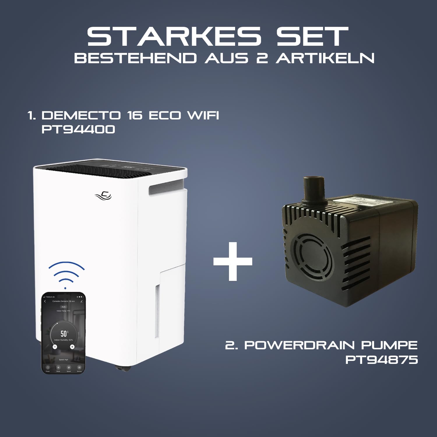 Comedes Demecto 16 eco WiFi osuszacz PowerDrain pompa kondensatu - nadaje się do salonów i piwnic o powierzchni do 65 m², sterowanie aplikacją, ciche, przyłącze węża, w zestawie wąż 3 m