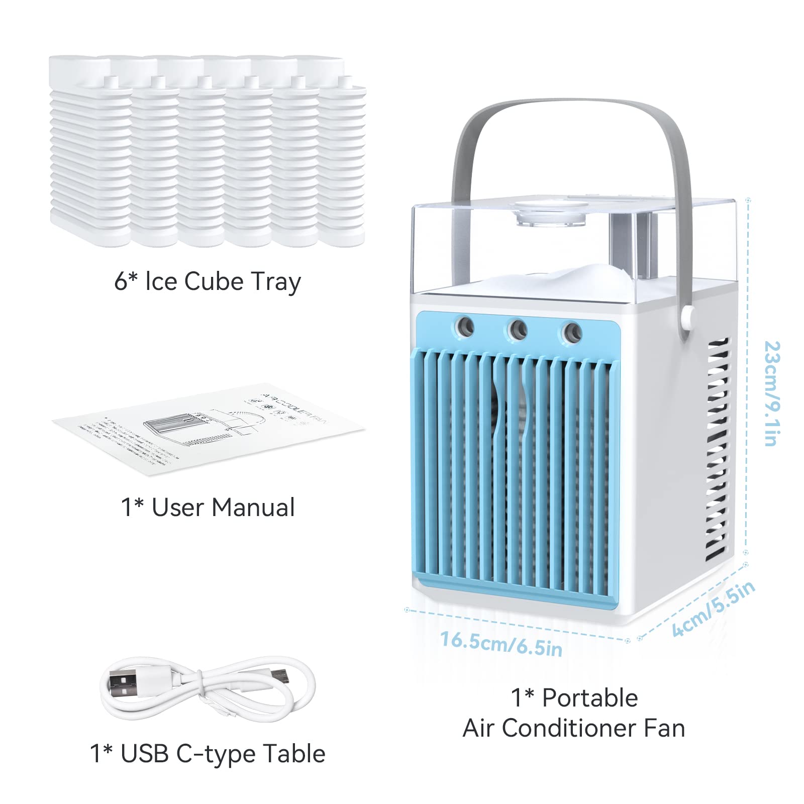 Mini Condizionatore Portatile, 4in1 Mini Raffreddatore d'aria Portatile, Umidificatore Raffreddamento d'aria Personale con 3 Velocità per Casa, Uffici
