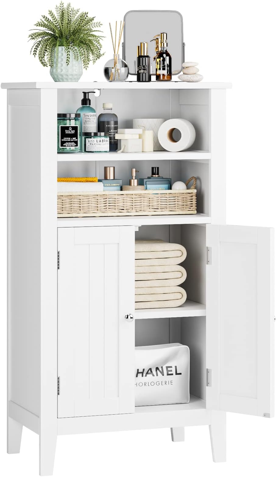 FOTOSOK Bathroom Storage Cabinet, Floor Storage Cabinet with 2 Doors and Shelves for Living Room, Kitchen and Office, White