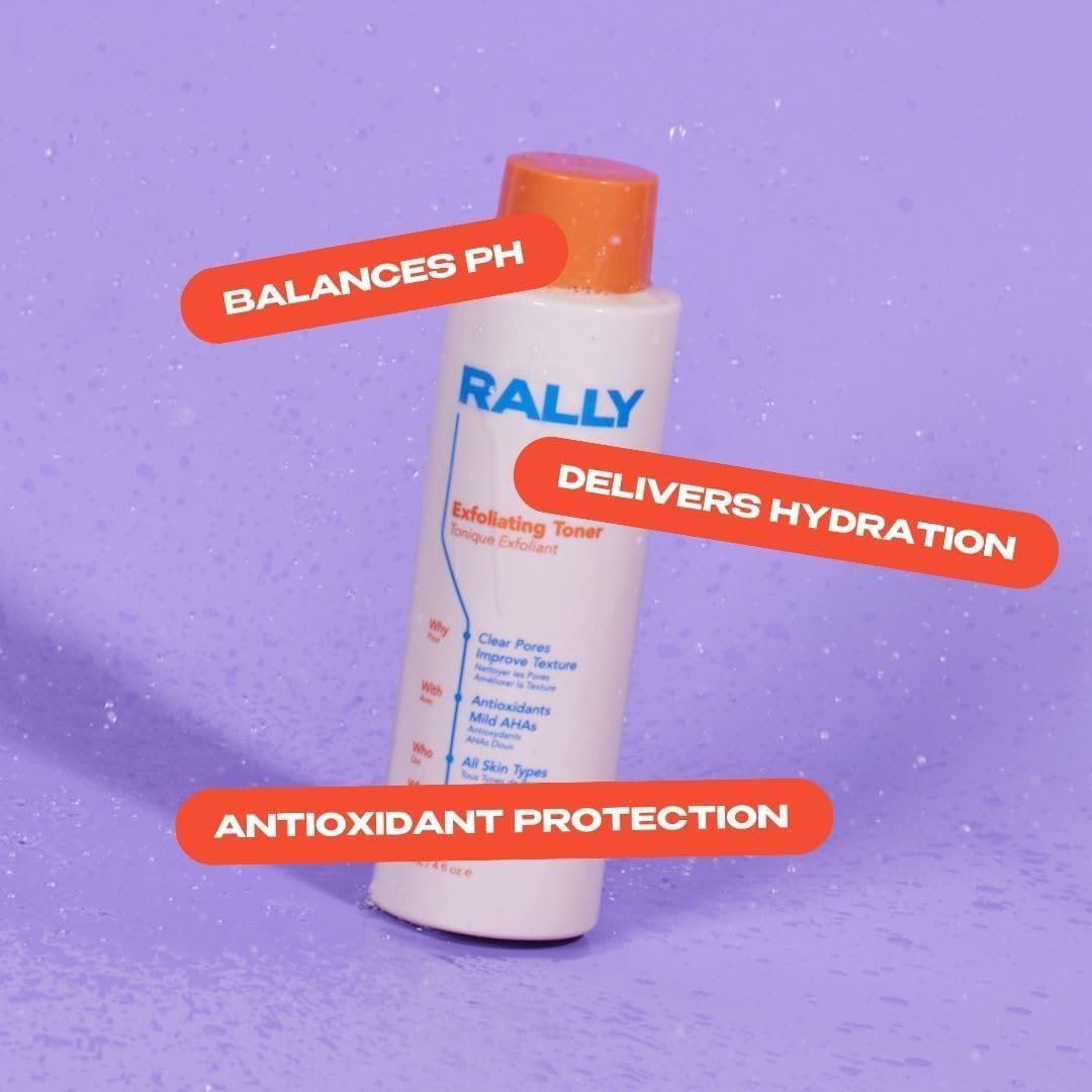 RALLY Daily Cleansing Exfoliating Toner with Mild Plant-Based AHAs | Waterless On-The-Go Cleanse | Clear Pores + Improve Texture | Refresh Teen + Post Workout Skin 4 OZ