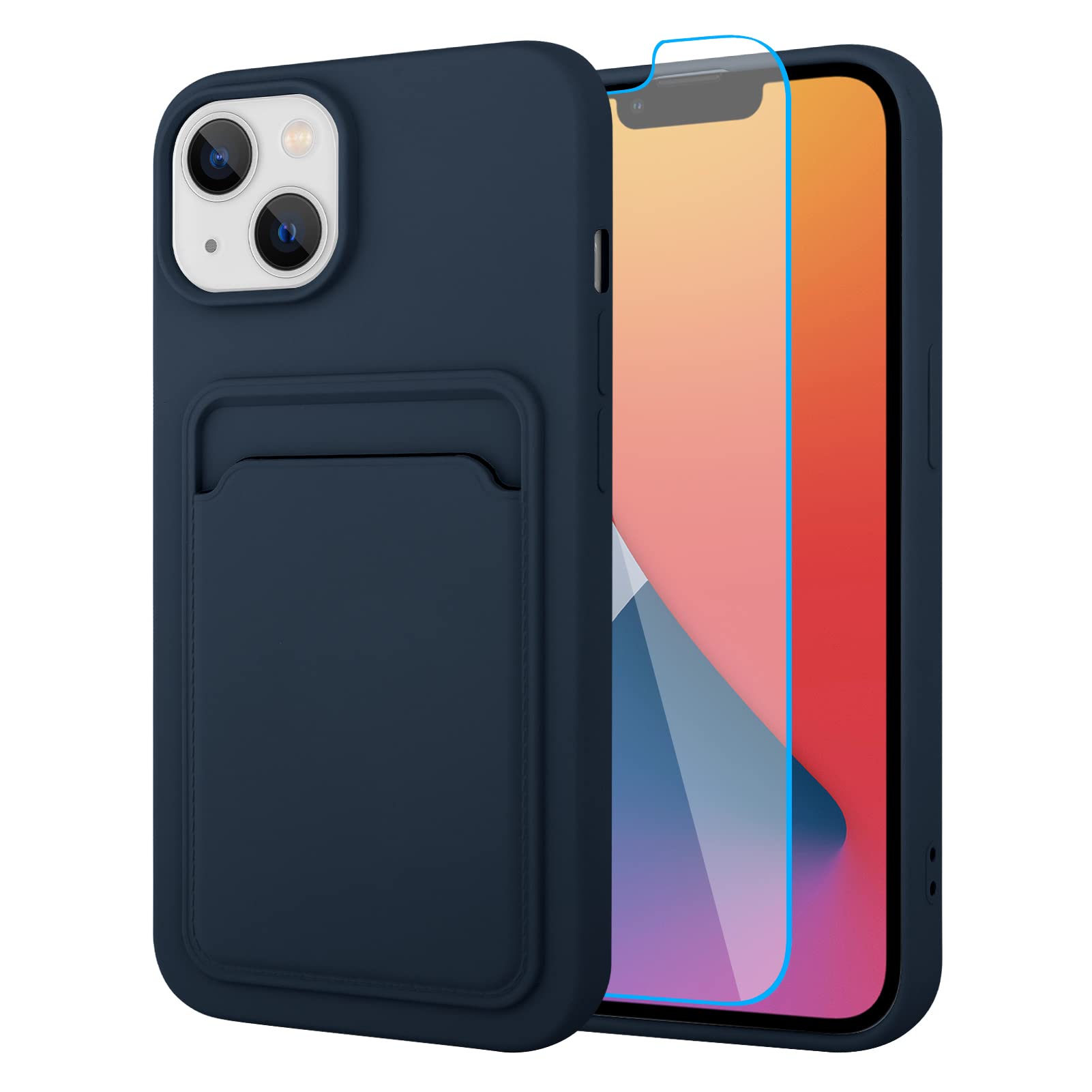 MZELQ Compatible with iPhone 14 Case TPU Card Holder Wallet Cover,Camera Protection + Screen Protector Soft Card Slot Phone Case -Blue