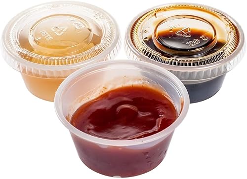 Miniatura 10 de TashiBox 400 juegos de tazas de 1 onza con tapas, vasos de plástico desechables para salsa, control de porciones, aderezo para ensaladas y