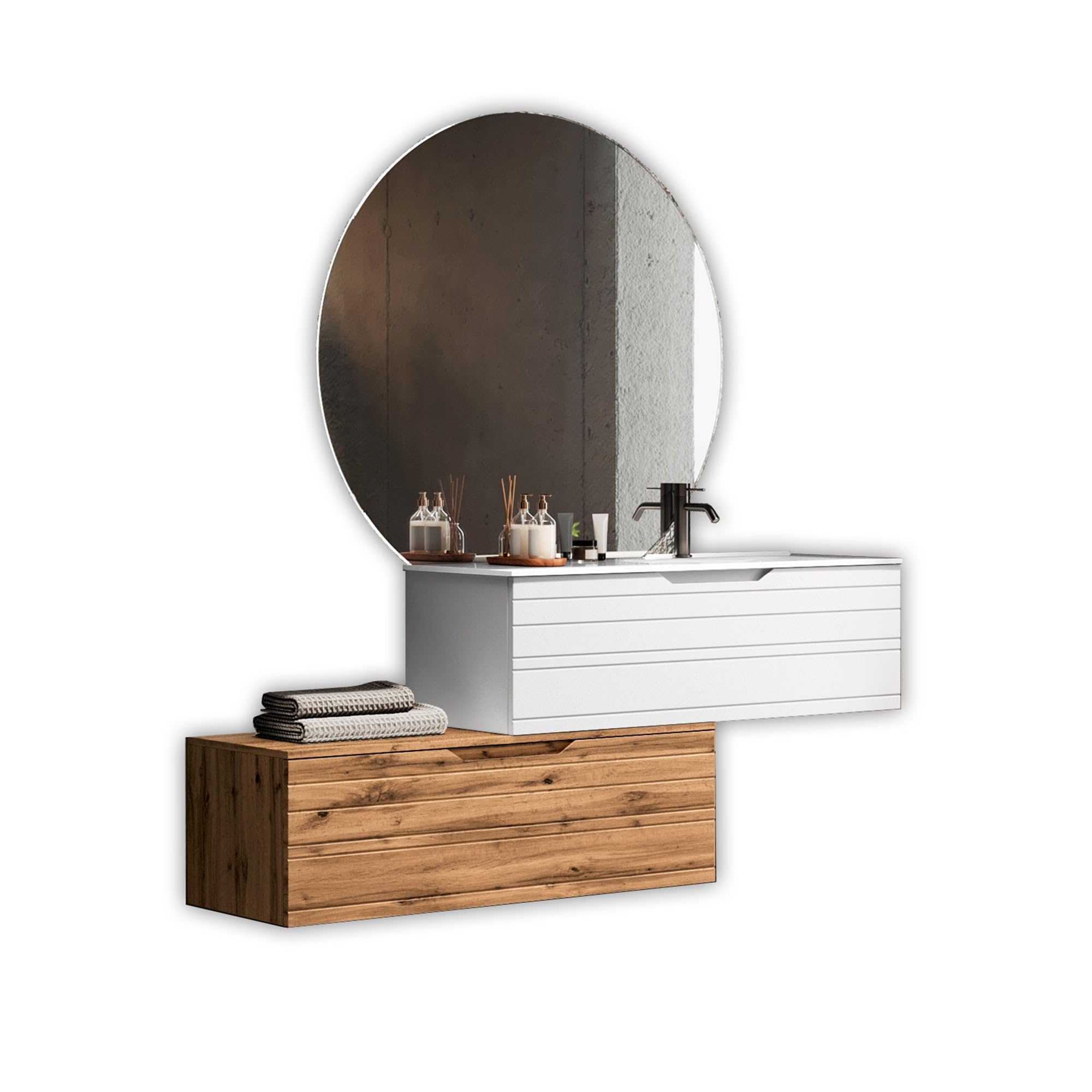 AQA DESIGN accessori casa composizione vasca bagno, nr1 base sospesa con frontali in MDF, finitura quercia con nodi, nr2 cassetti con scorrimento e - Multicolore - 200x45x190 cm