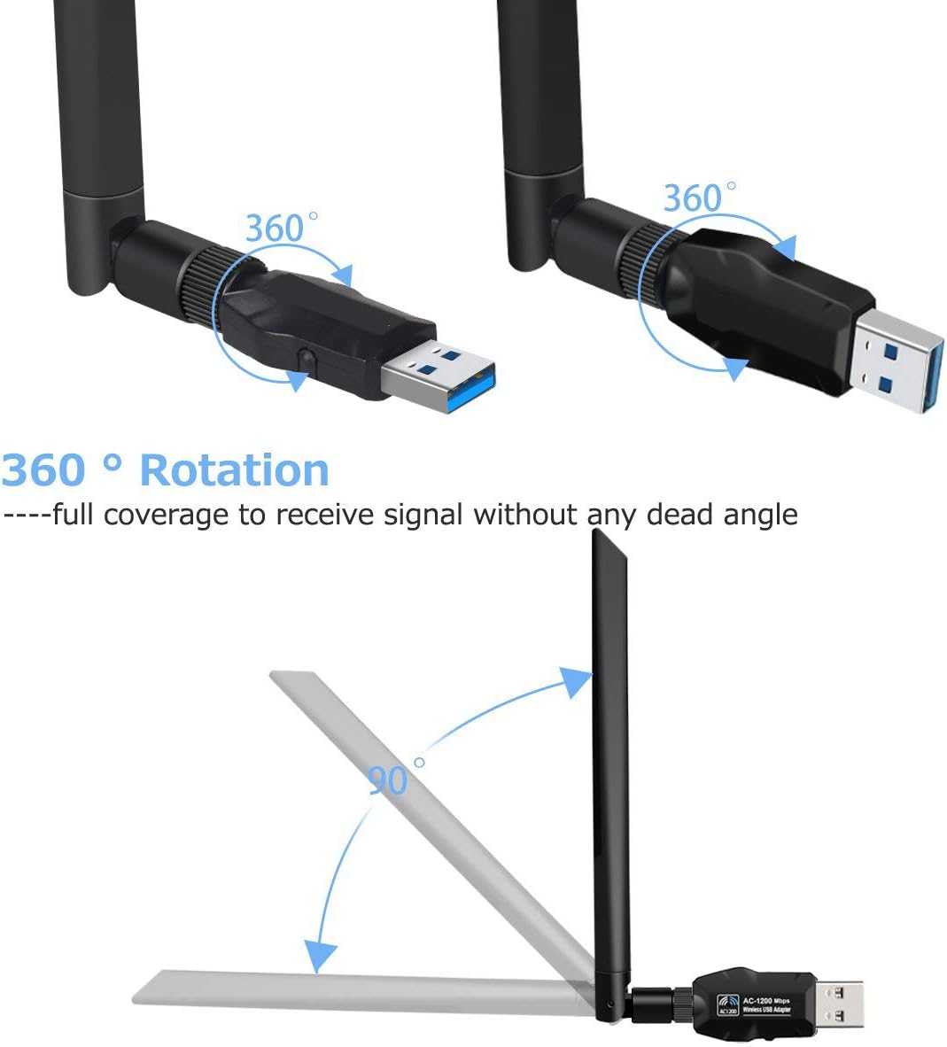 USB WiFi Adapter for PC 1200Mbps, USB 3.0 WiFi Dongle Wireless Network Adapter 2.4GHz/300Mbps+5GHz/866Mbps 5dBi High Gain Antenna for Laptop Destop Win XP/7/8/10, Mac OS X 10.6-10.15, Linux