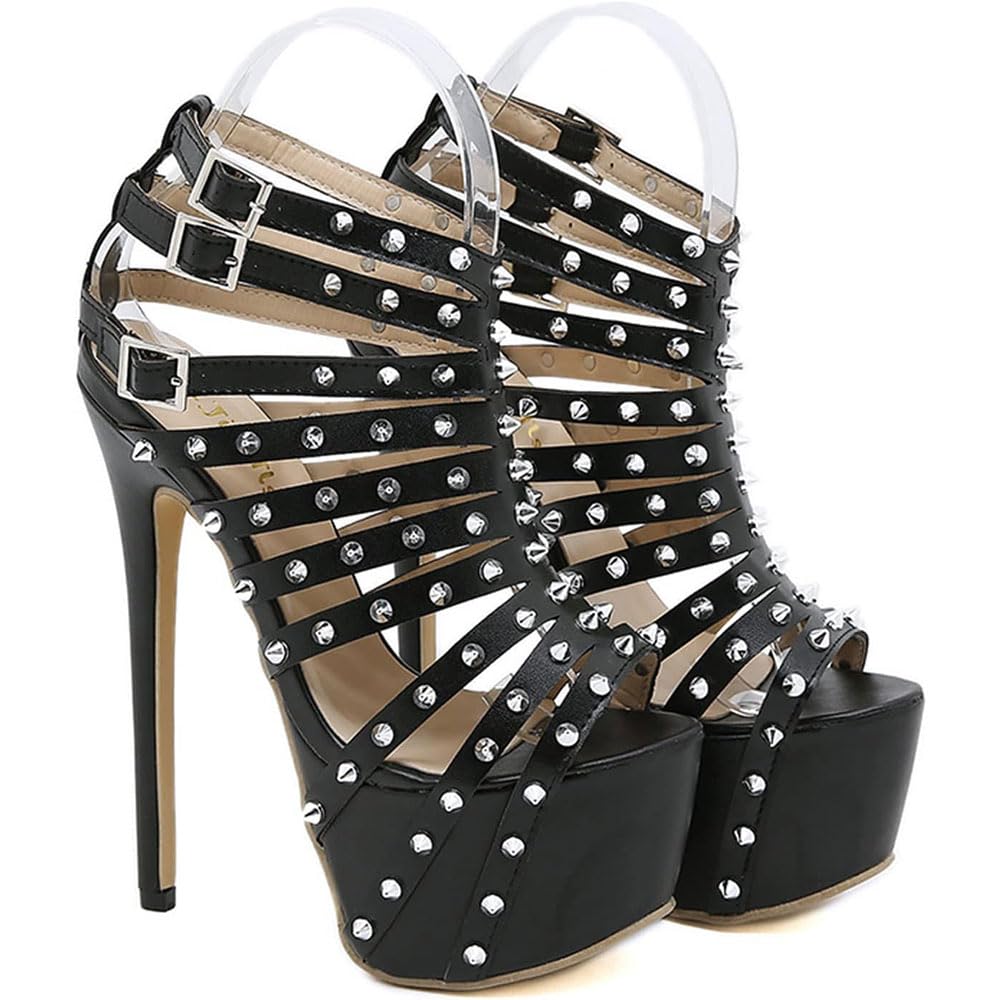 SPONYBORTY 6.29 inches Rivet Hollow Out Super High Heel Stiletto High Heels Sexy Pole Dance Striptease Shoes Party Prom Club high/Black/39EU