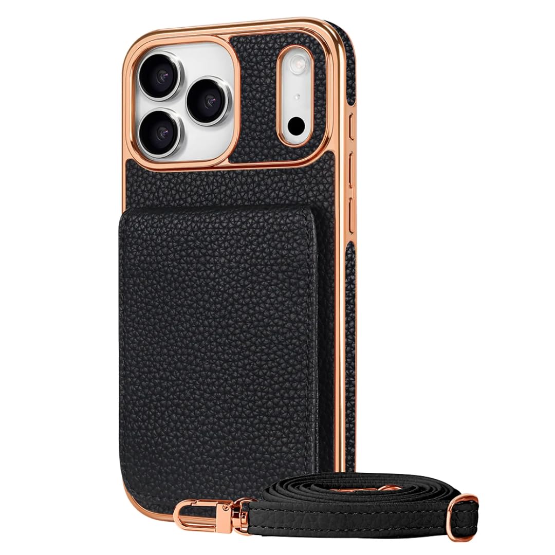 Étui de téléphone Portable plaqué pour iPhone 15 avec dragonne, Porte-Cartes et Support intégré (pour iPhone 15/Noir)