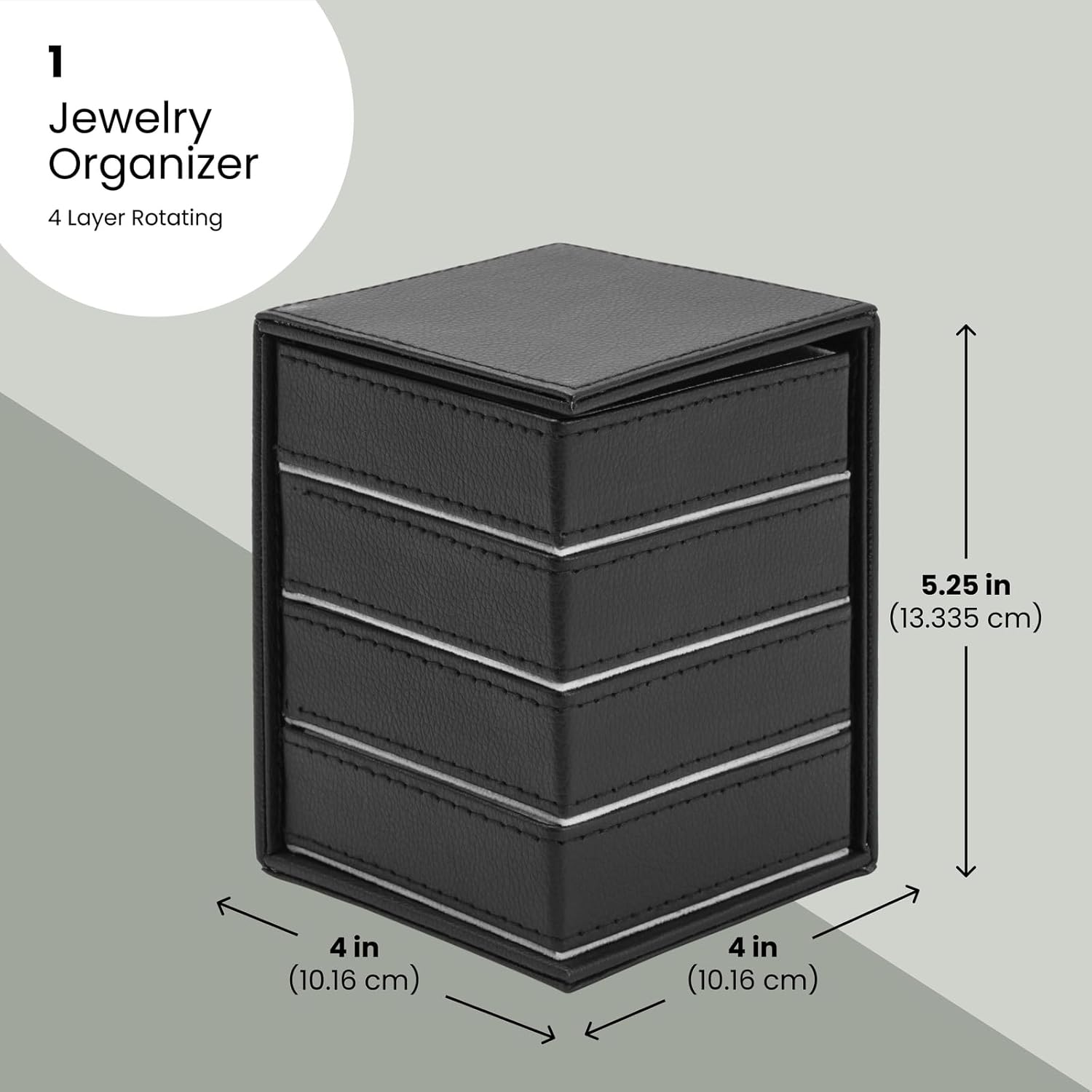 Juvale 4-Layer Rotating Jewelry Organizer - Velvet-Lined Ring Box & Necklace Holder - Earring Organizer & Bracelet Holder - Portable Travel Jewelry Box - Black, 4 x 4 x 5.25 in - Image 2