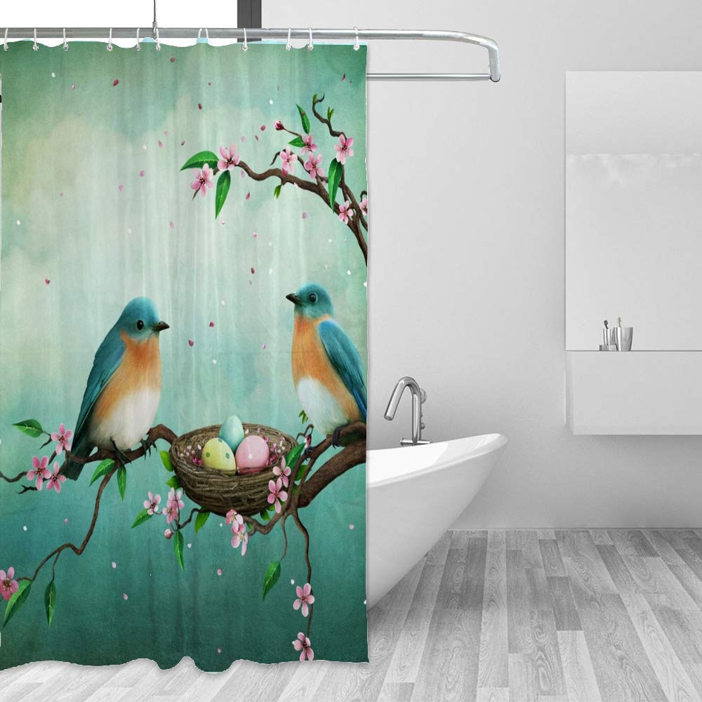 Rideau de douche imperméable bleu 150x180 cm motif oiseaux en polyester