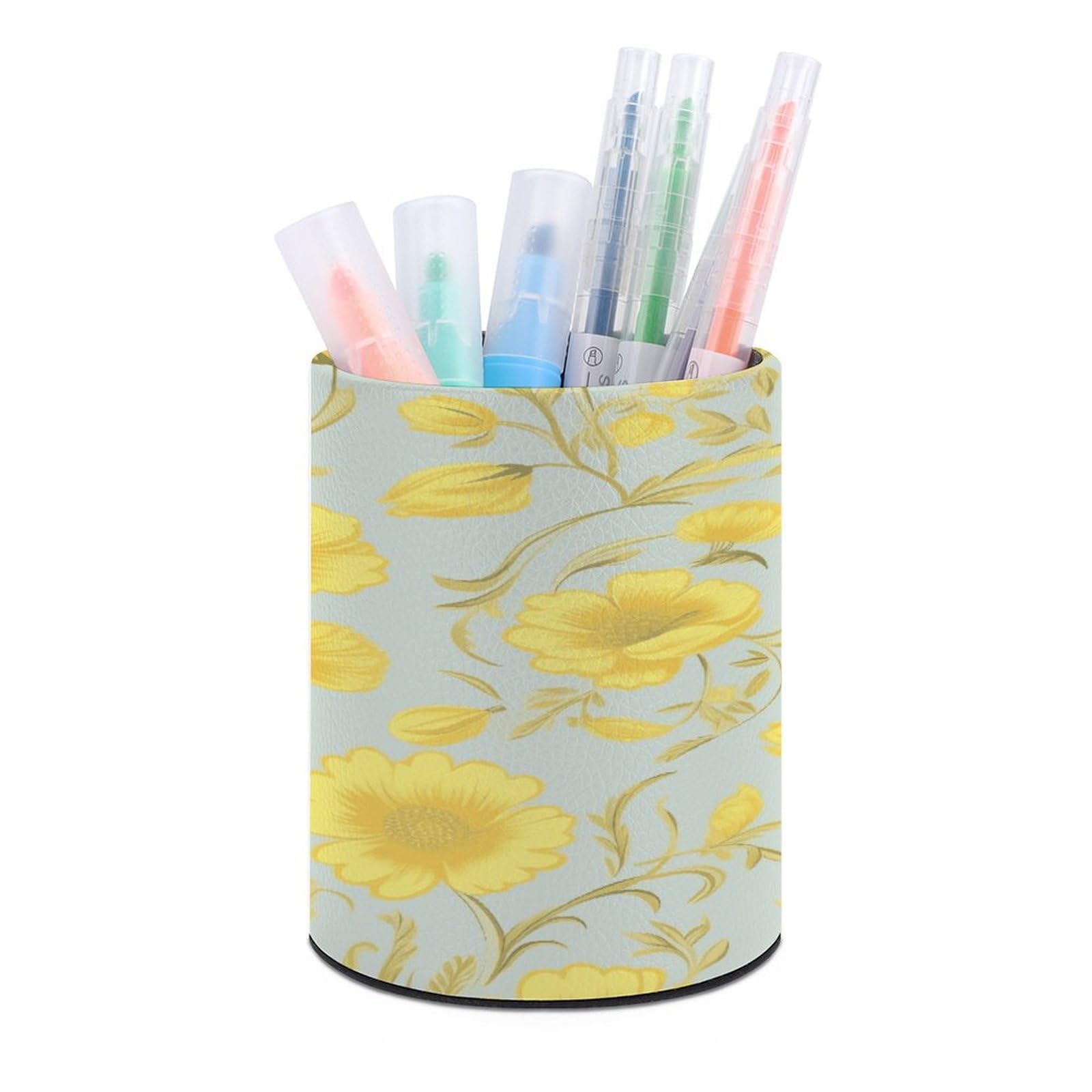 VstaDank - Round Pen Holder Yellow Flower PU Leather Desk Organizer for Desk Office Desk Decor (3.1 x 3.9