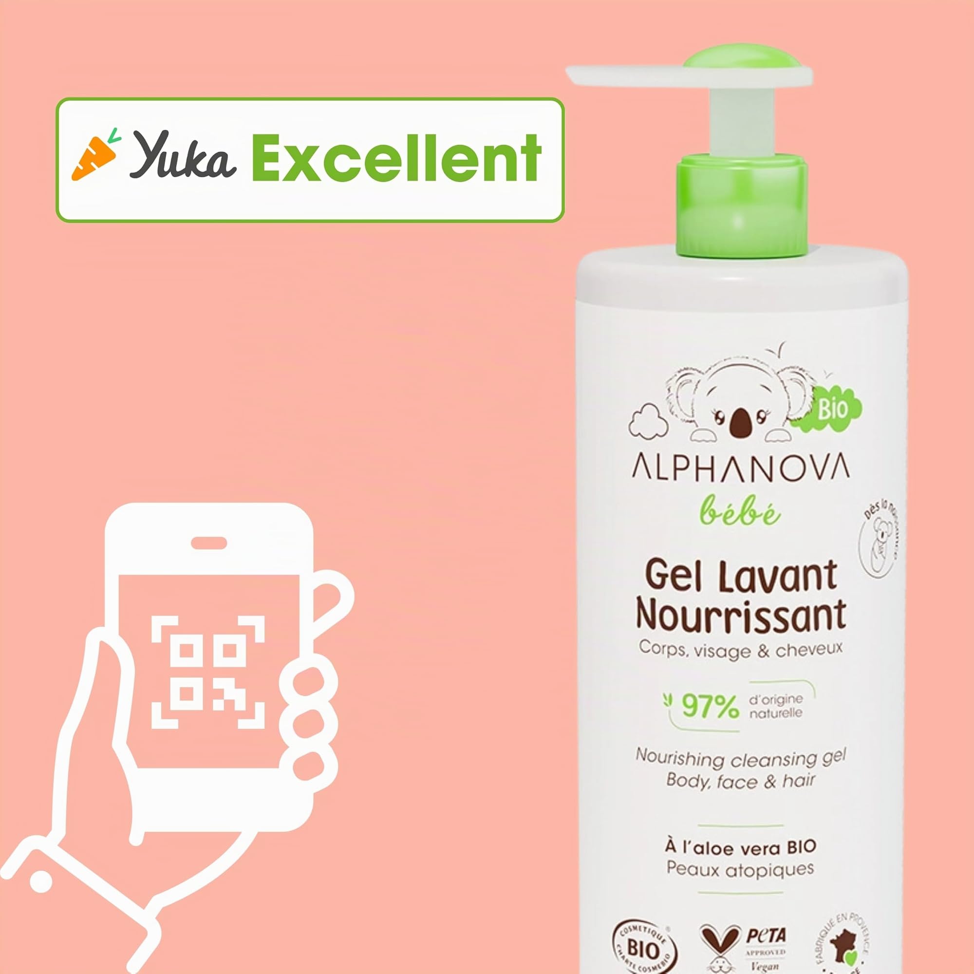 ALPHANOVA Bébé Gel de lavado natural y orgánico* – Cuerpo, cara y cabello – Especial para pieles sensibles, reactivas o secas – Certificado orgánico – Sin perfume – 400 ml