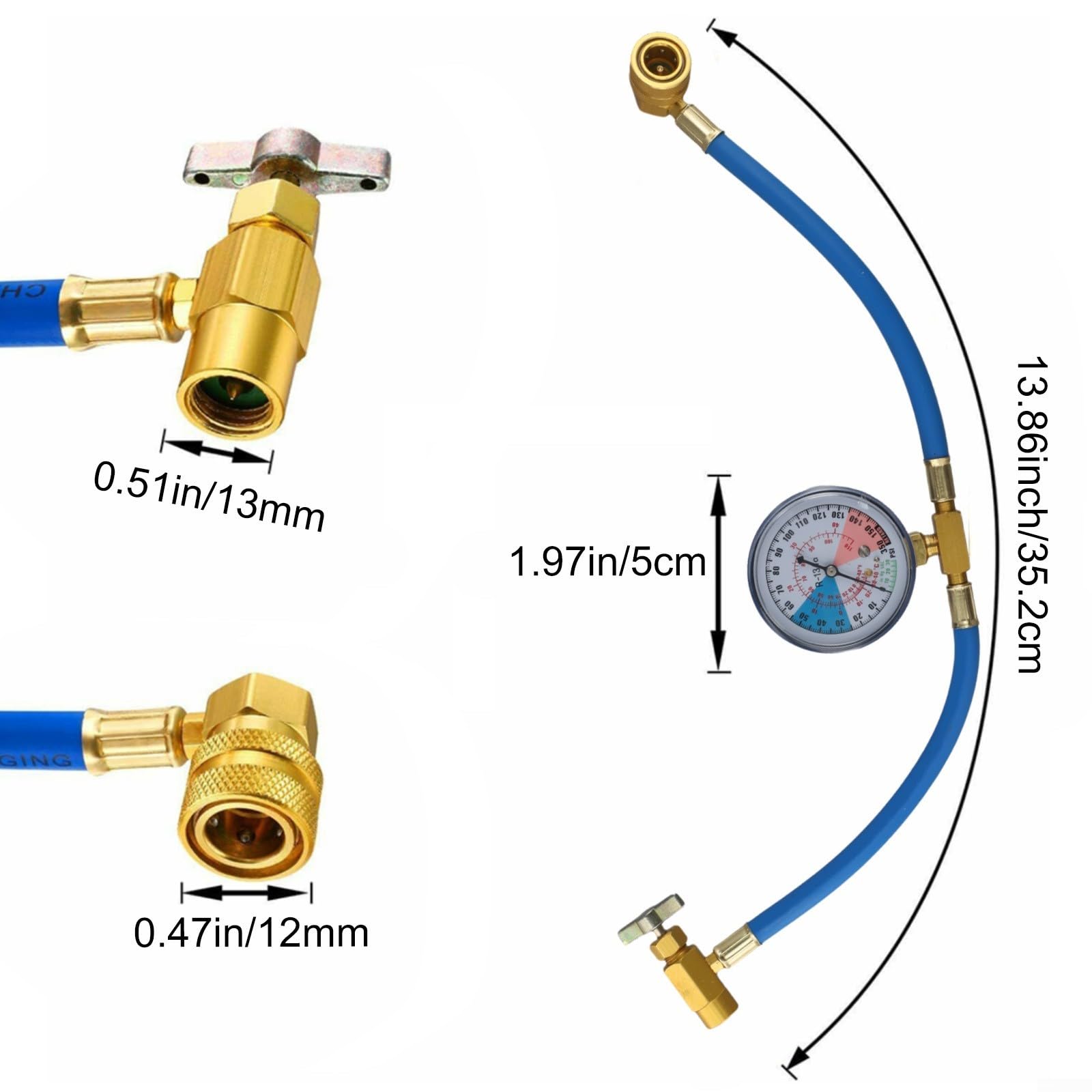 3 PCS BPV31 Stechventil-Set mit Manometer für 1/4 Zoll 5/16 Zoll 3/8 Zoll Rohre R134A R12 Nachfüllschlauch Metall