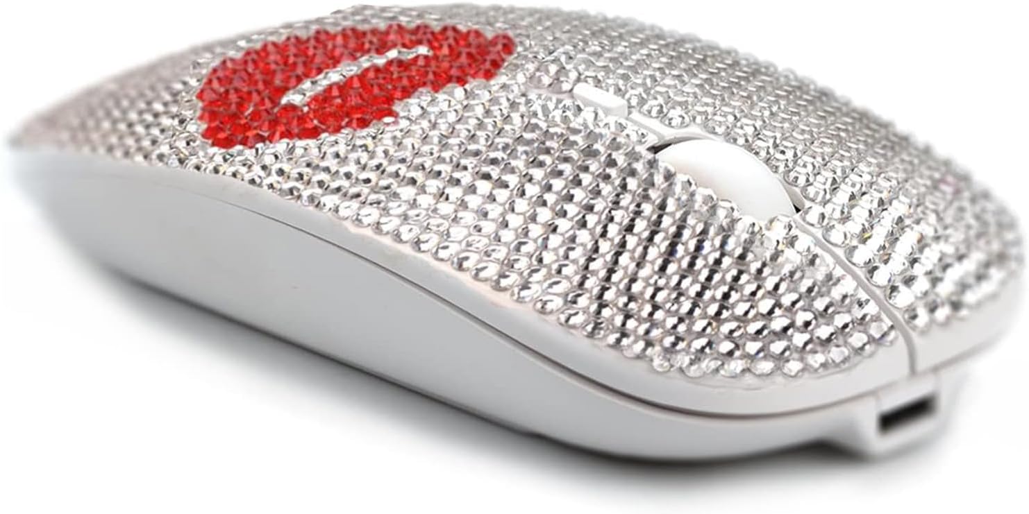 Bling Austrian Crystal Rhinestone Coverd Computer Mouse with USB Receiver, Sparkly Red Lips Flat Mice for Notebook, PC, Laptop, MacBook - Red Lip